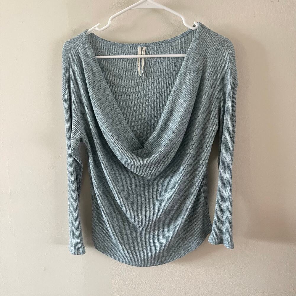 Anthropologie Womens XS Ribbed Cowlneck Sweater Blue Cozy Knit Casual Pullover